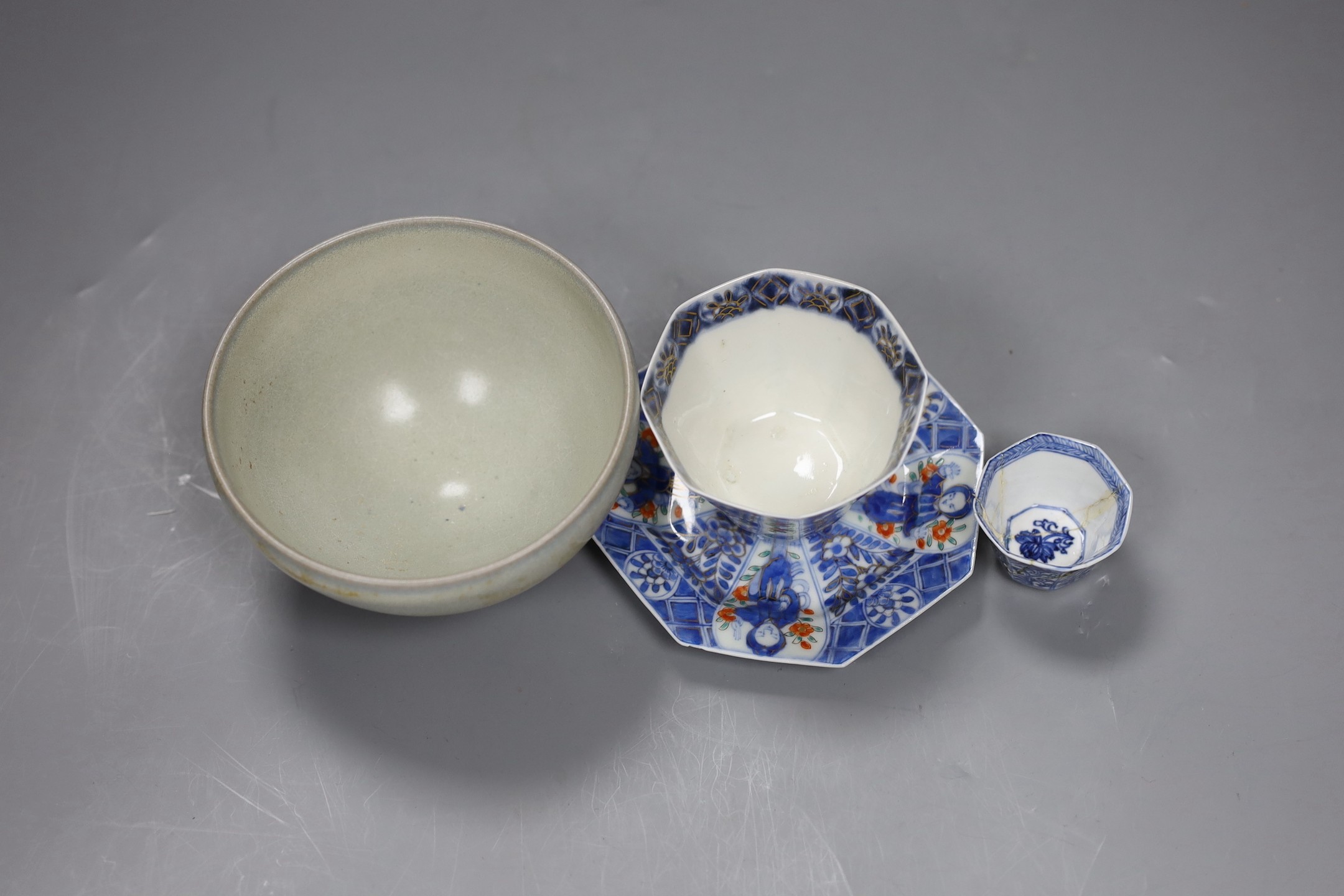 A Chinese Vung Tao cargo miniatures blue and white cup, Kangxi, porcelain bowl, a Japanese octagonal cup and saucer and a green Jun type bowl, lots of 12 cm diameter